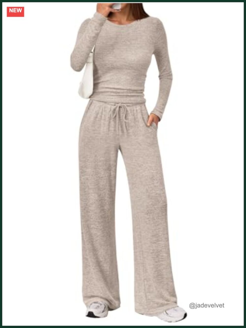 2 Piece Lounge Set with Wide Leg Pants & Long Sleeve Crewneck Top